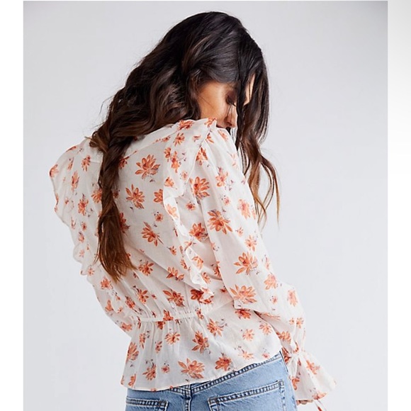 Free People NWT Floral Romantic Cottage Core Orange/White Ruffle Wrap Top XS/S - Picture 14 of 16